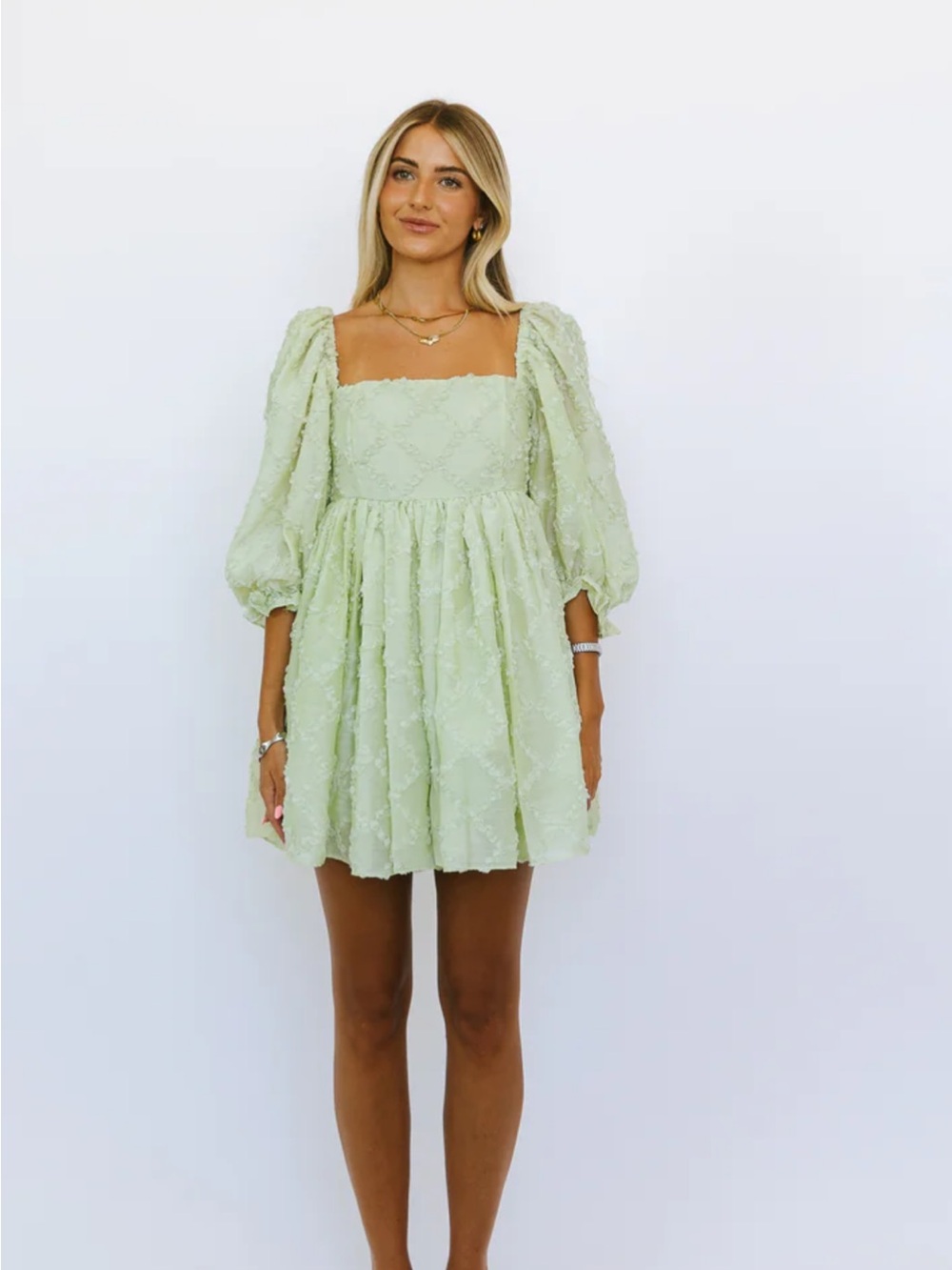 MARBLE Square Neck Puff Sleeve Mini Dress in Pale Green